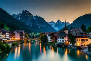 the town of switzerland is lit up at dusk. AI-Generated photo