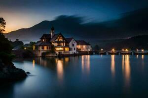 a house sits on the shore of a lake at dusk. AI-Generated photo