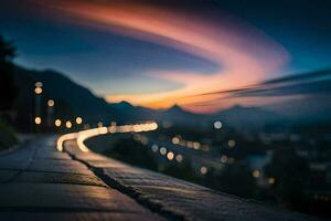 a long exposure photo of a road at sunset. AI-Generated