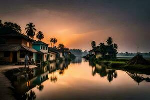 un río en el medio de un pueblo a puesta de sol. generado por ai foto