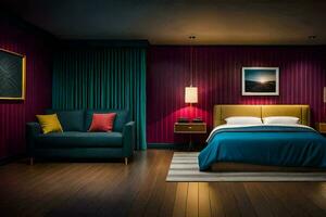 a hotel room with purple walls and a blue bed. AI-Generated photo