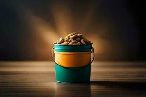 a bucket filled with nuts on a wooden table. AI-Generated photo