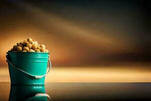 a bucket filled with peanuts on a table. AI-Generated photo