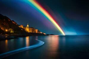 un arco iris es visto terminado el Oceano y un iglesia. generado por ai foto