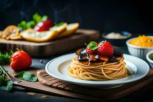 spaghetti with strawberries and basil on a plate. AI-Generated photo