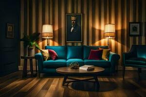 a blue couch sits in a room with striped walls. AI-Generated photo