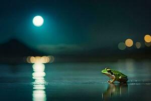 a frog sitting on the shore at night with a full moon in the background. AI-Generated photo
