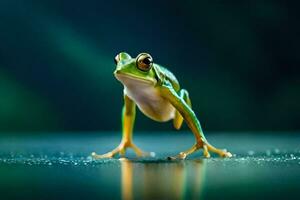 a frog is standing on its hind legs. AI-Generated photo