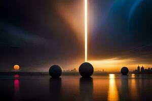 three spheres in the water with a light shining in the sky. AI-Generated photo