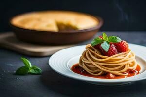 spaghetti with strawberries and a slice of cake. AI-Generated photo