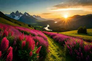 the sun rises over the mountains and flowers in the foreground. AI-Generated photo