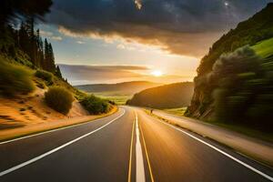 a long road with the sun setting behind it. AI-Generated photo