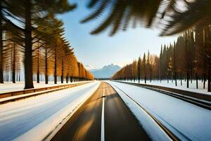 a snowy road with trees and mountains in the background. AI-Generated photo