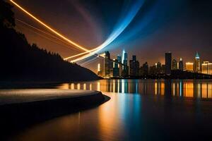 un ciudad horizonte a noche con luces rayado a través de el agua. generado por ai foto