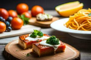 food on a wooden table with pasta, tomatoes and cheese. AI-Generated photo