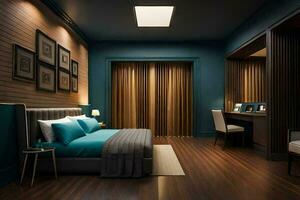 a bedroom with a wooden floor and blue walls. AI-Generated photo