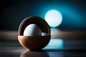 huevos en un de madera bol. generado por ai foto
