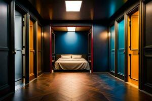 a hallway with blue walls and wooden floors. AI-Generated photo