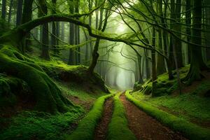 a path through a green forest with mossy trees. AI-Generated photo