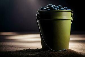 a bucket of blueberries sitting on a table. AI-Generated photo