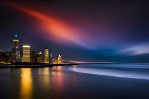 el chicago horizonte a noche con un vistoso ligero. generado por ai foto