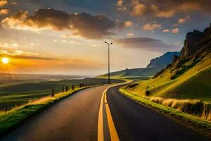 un la carretera con un puesta de sol en el antecedentes. generado por ai foto