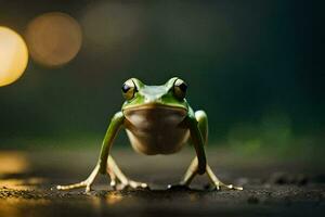 a frog is standing on the ground with its legs spread. AI-Generated photo