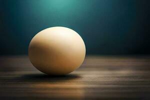 an egg on a wooden table. AI-Generated photo
