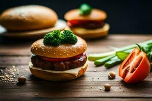 a hamburger with broccoli and tomatoes. AI-Generated photo