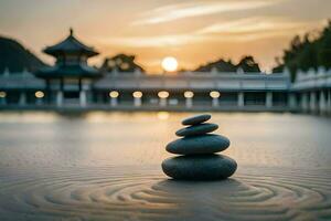 stacked stones in the water at sunset. AI-Generated photo