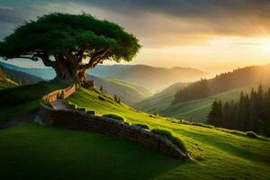 el árbol de vida en el montañas. generado por ai foto