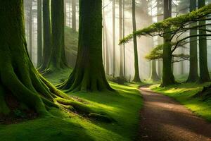 un camino mediante un verde bosque con arboles generado por ai foto