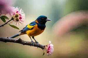 un vistoso pájaro se sienta en un rama con rosado flores generado por ai foto