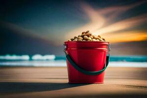 a red bucket filled with peanuts on the beach. AI-Generated photo