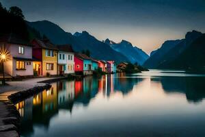 colorful houses on the shore of a lake at dusk. AI-Generated photo
