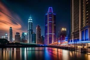 el ciudad horizonte a noche con un vistoso ligero espectáculo. generado por ai foto