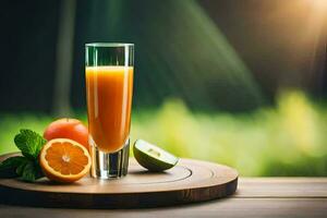 a glass of orange juice on a wooden table. AI-Generated photo