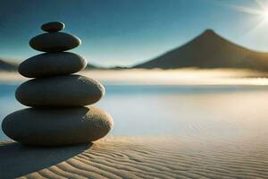 a stack of stones on the beach with the sun in the background. AI-Generated photo