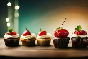 five cupcakes with strawberries on a wooden table. AI-Generated photo