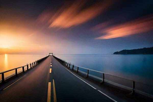 a long exposure photograph of a road leading to the ocean. AI-Generated