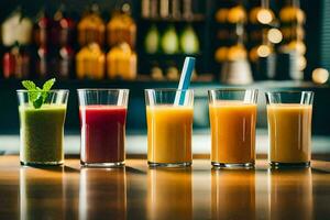 five different types of juices are lined up in glasses. AI-Generated photo