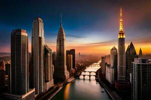 the city skyline at sunset in chicago. AI-Generated photo