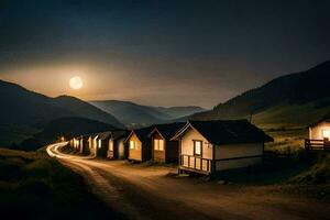 un la carretera líder a un pequeño pueblo a noche. generado por ai foto