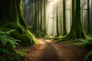 a dirt path through a forest with trees and moss. AI-Generated photo