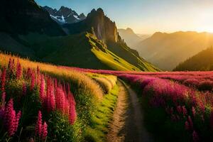 the sun rises over the mountains and the path is lined with pink flowers. AI-Generated photo