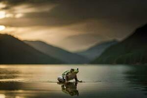 un rana sentado en el borde de un lago a puesta de sol. generado por ai foto