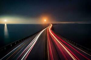 a long exposure photo of a bridge with cars driving on it. AI-Generated