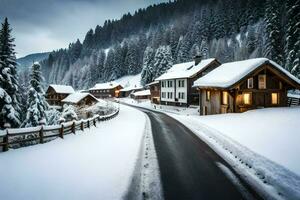 a snowy road in the mountains. AI-Generated photo