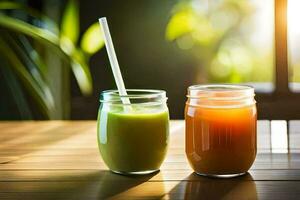 two mason jars with juice and straws on a wooden table. AI-Generated photo