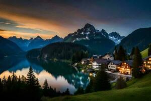 photo wallpaper mountains, the sky, lake, house, the mountains, the lake, the mountains. AI-Generated